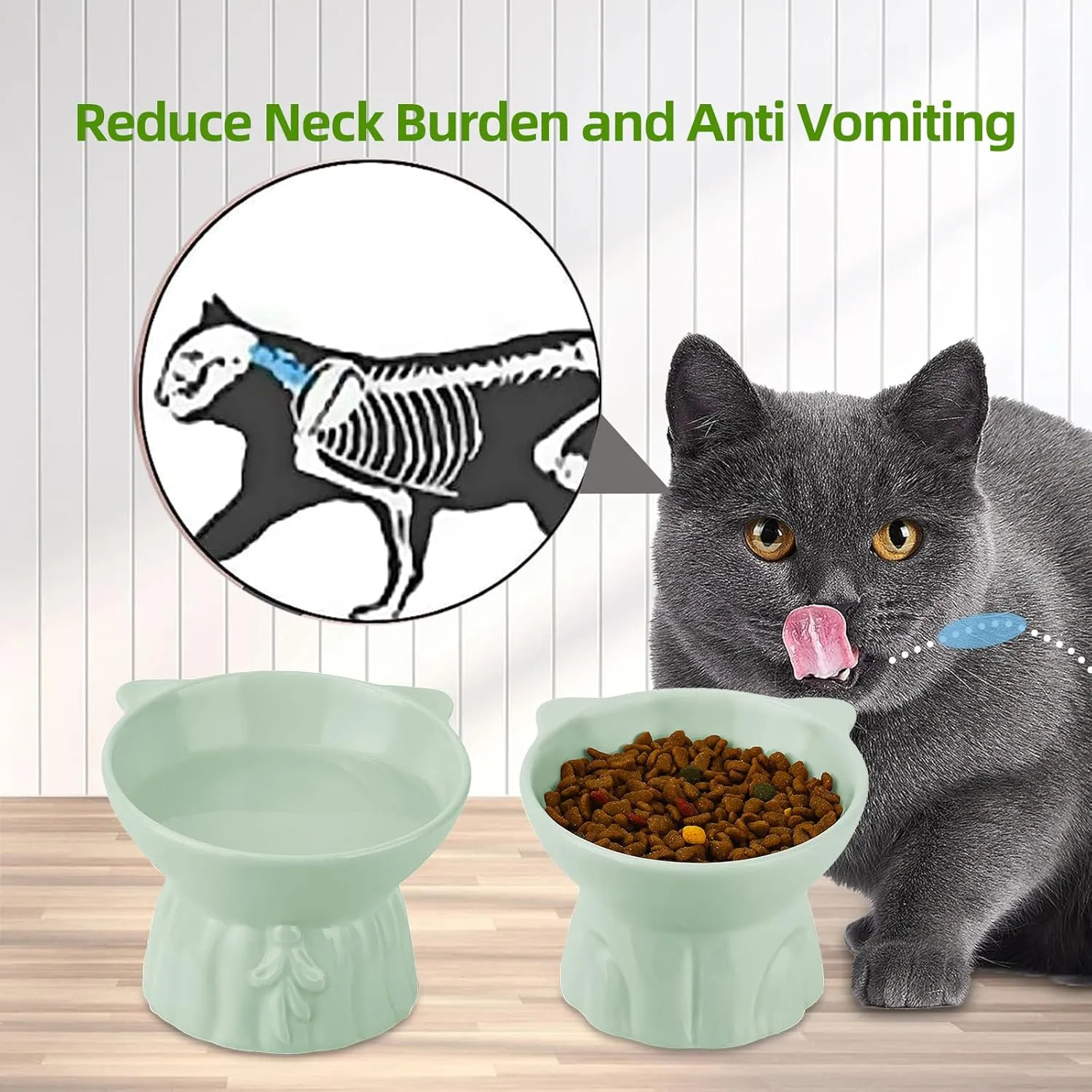 2Pcs Ceramic Elevated Bowls, Extra Wide Raised Cat Bowls for Food and Water, Shallow Cat Food Dish Whisker Friendly, Anti Vomit, Microwave and Dishwasher Safe, Great Height (Green)