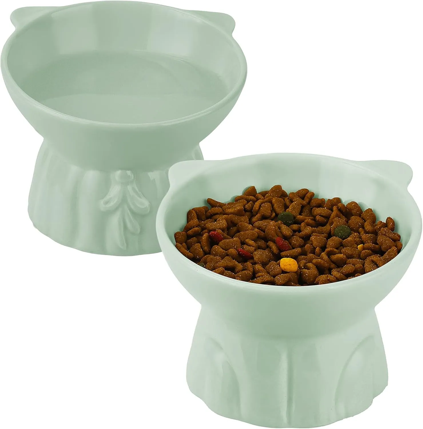 2Pcs Ceramic Elevated Bowls, Extra Wide Raised Cat Bowls for Food and Water, Shallow Cat Food Dish Whisker Friendly, Anti Vomit, Microwave and Dishwasher Safe, Great Height (Green)