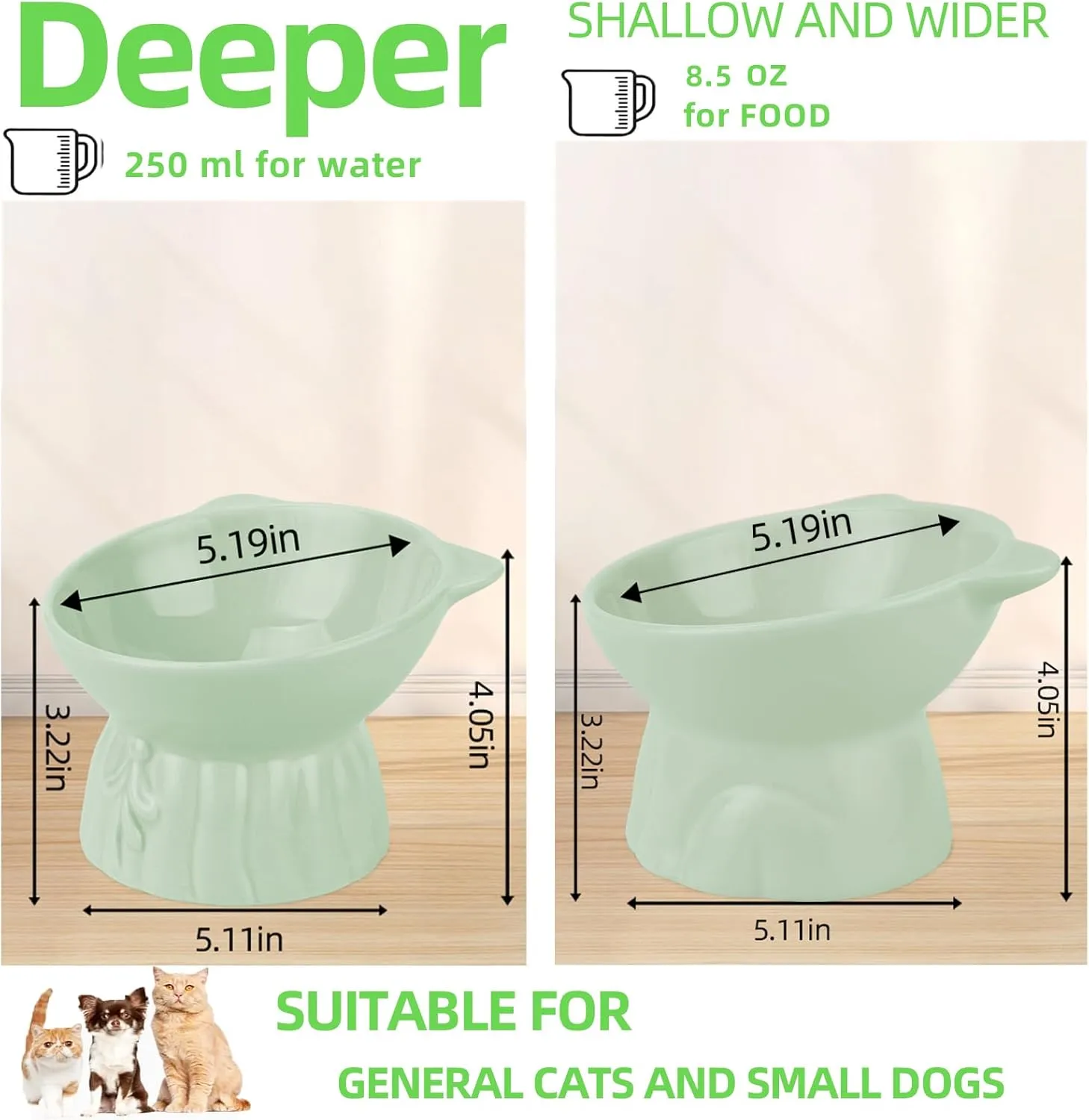2Pcs Ceramic Elevated Bowls, Extra Wide Raised Cat Bowls for Food and Water, Shallow Cat Food Dish Whisker Friendly, Anti Vomit, Microwave and Dishwasher Safe, Great Height (Green)