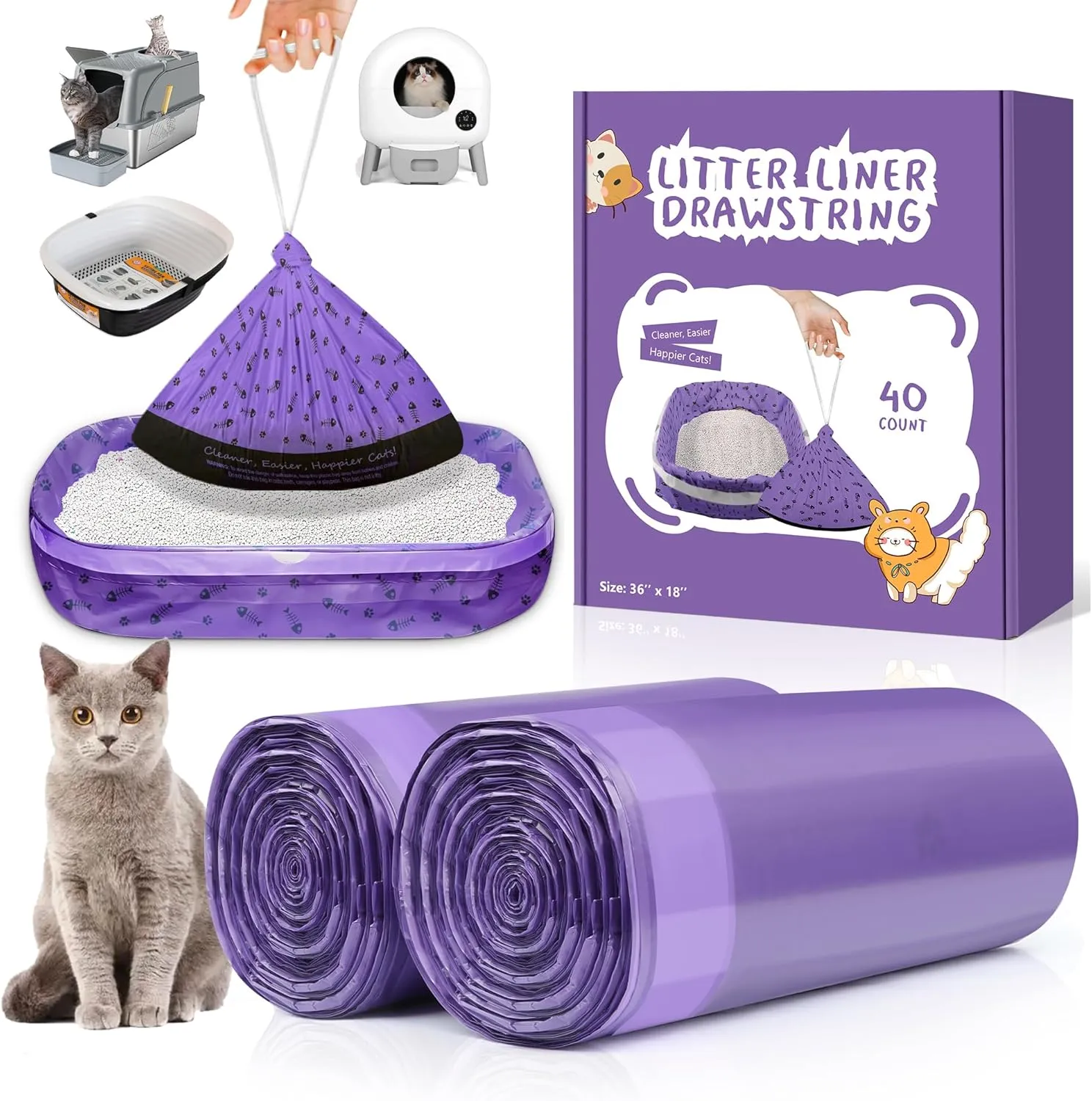 40 Count Cat Litter Box Liners Bags Large, Extra Durable Kitty Litter Box Waste Bags, Jumbo Drawstring Extra Thick Pet Cat Pan Liners - 36" W x 18" H