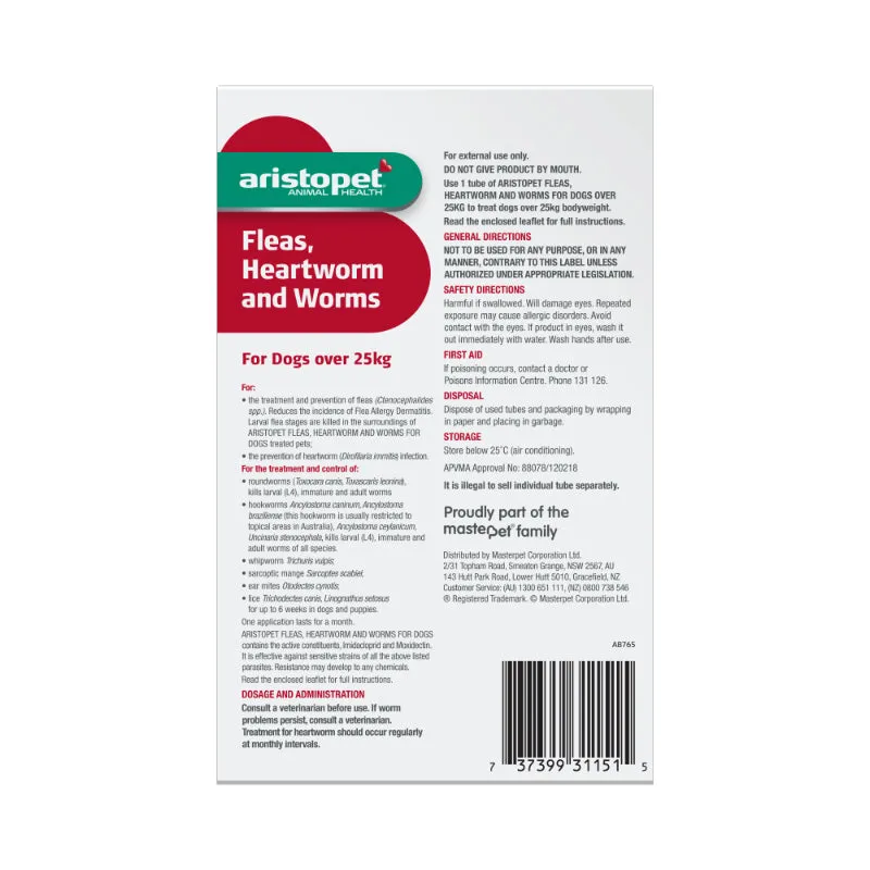 Aristopet Fleas, Heartworm and Worms Topical Treatment for Dogs Over 25kg (3 pack)