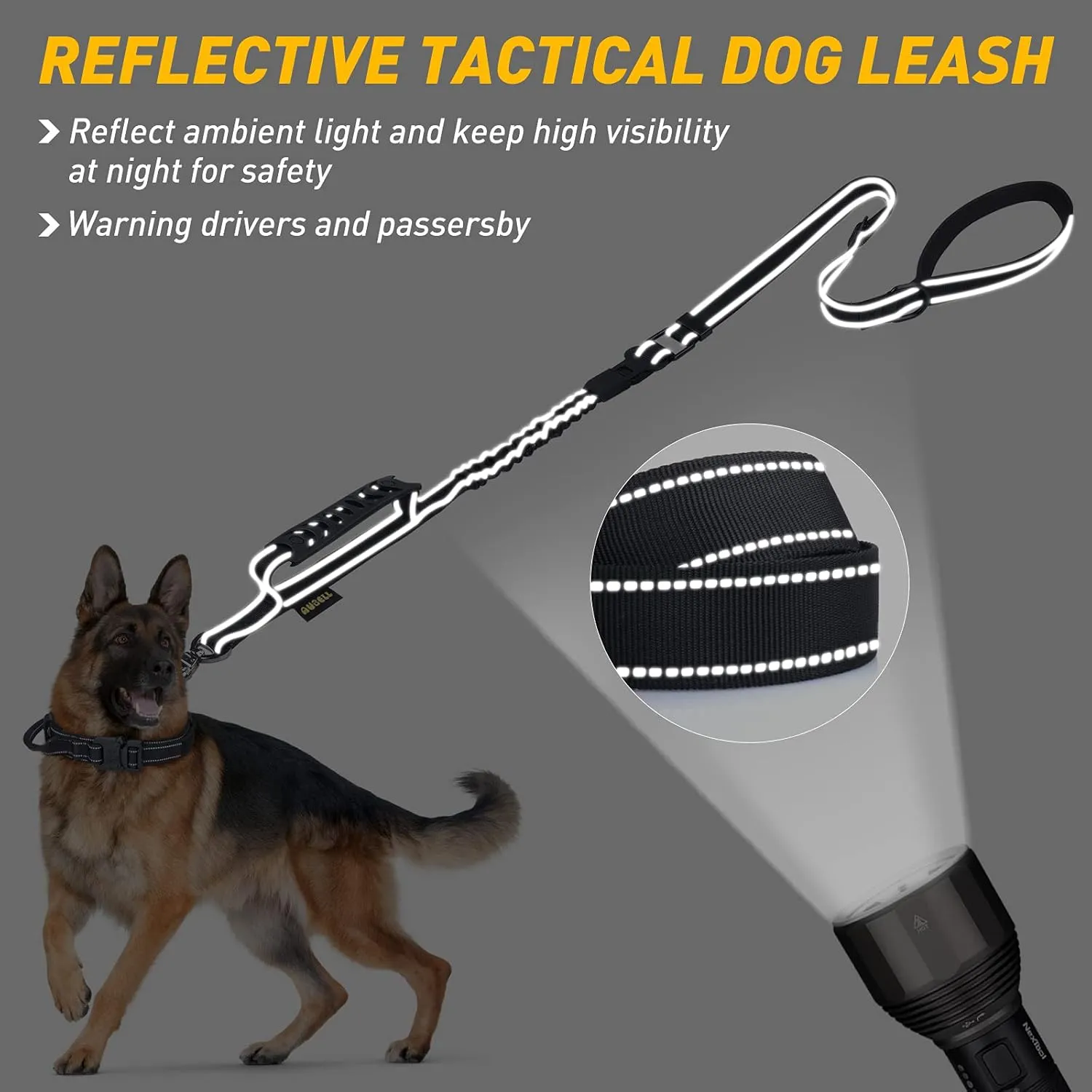 AUBELL Tactical Dog Leash Heavy Duty,4-6ft Reflective Strong No Pull Bungee Leash for Medium Large Dogs with Comfortable Padded Double Handle,Car Seat Belt,360 Degree Rotating Carabiner,Black