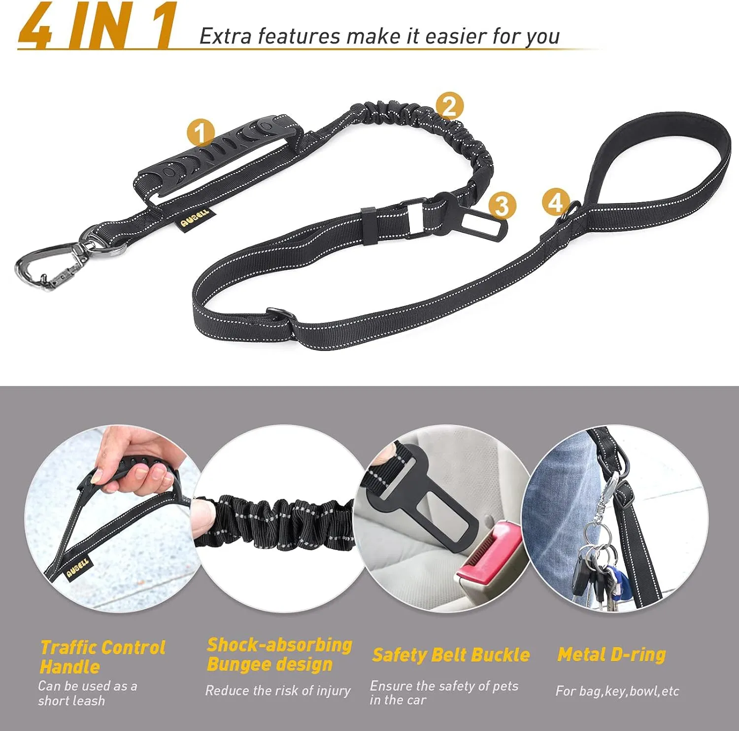 AUBELL Tactical Dog Leash Heavy Duty,4-6ft Reflective Strong No Pull Bungee Leash for Medium Large Dogs with Comfortable Padded Double Handle,Car Seat Belt,360 Degree Rotating Carabiner,Black