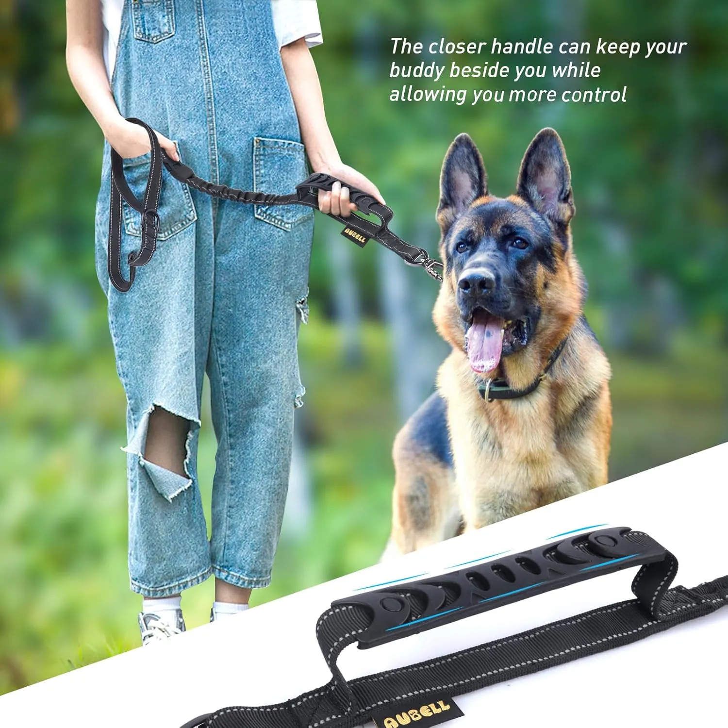 AUBELL Tactical Dog Leash Heavy Duty,4-6ft Reflective Strong No Pull Bungee Leash for Medium Large Dogs with Comfortable Padded Double Handle,Car Seat Belt,360 Degree Rotating Carabiner,Black