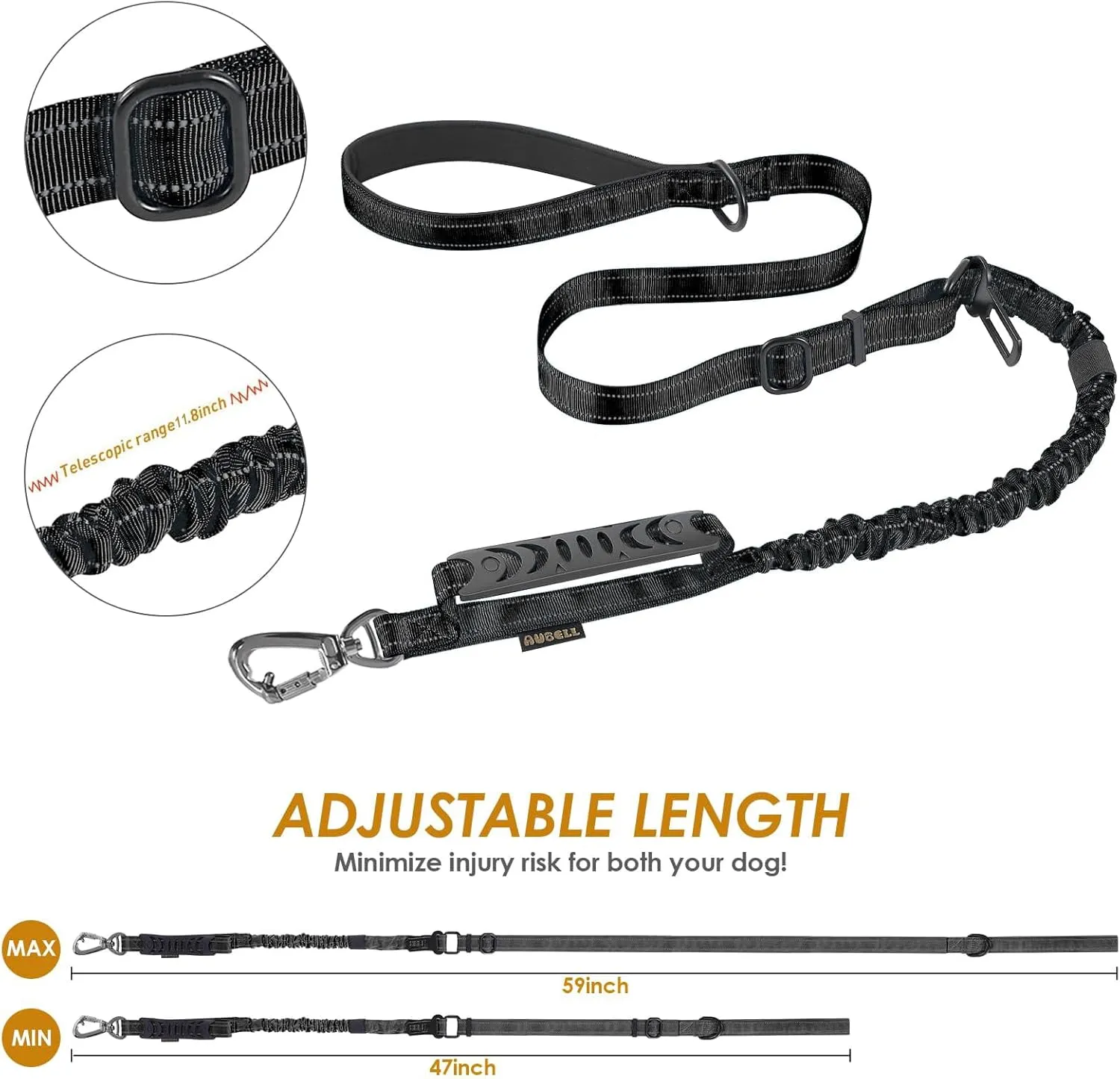 AUBELL Tactical Dog Leash Heavy Duty,4-6ft Reflective Strong No Pull Bungee Leash for Medium Large Dogs with Comfortable Padded Double Handle,Car Seat Belt,360 Degree Rotating Carabiner,Black
