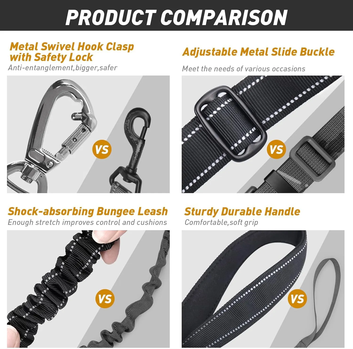 AUBELL Tactical Dog Leash Heavy Duty,4-6ft Reflective Strong No Pull Bungee Leash for Medium Large Dogs with Comfortable Padded Double Handle,Car Seat Belt,360 Degree Rotating Carabiner,Black