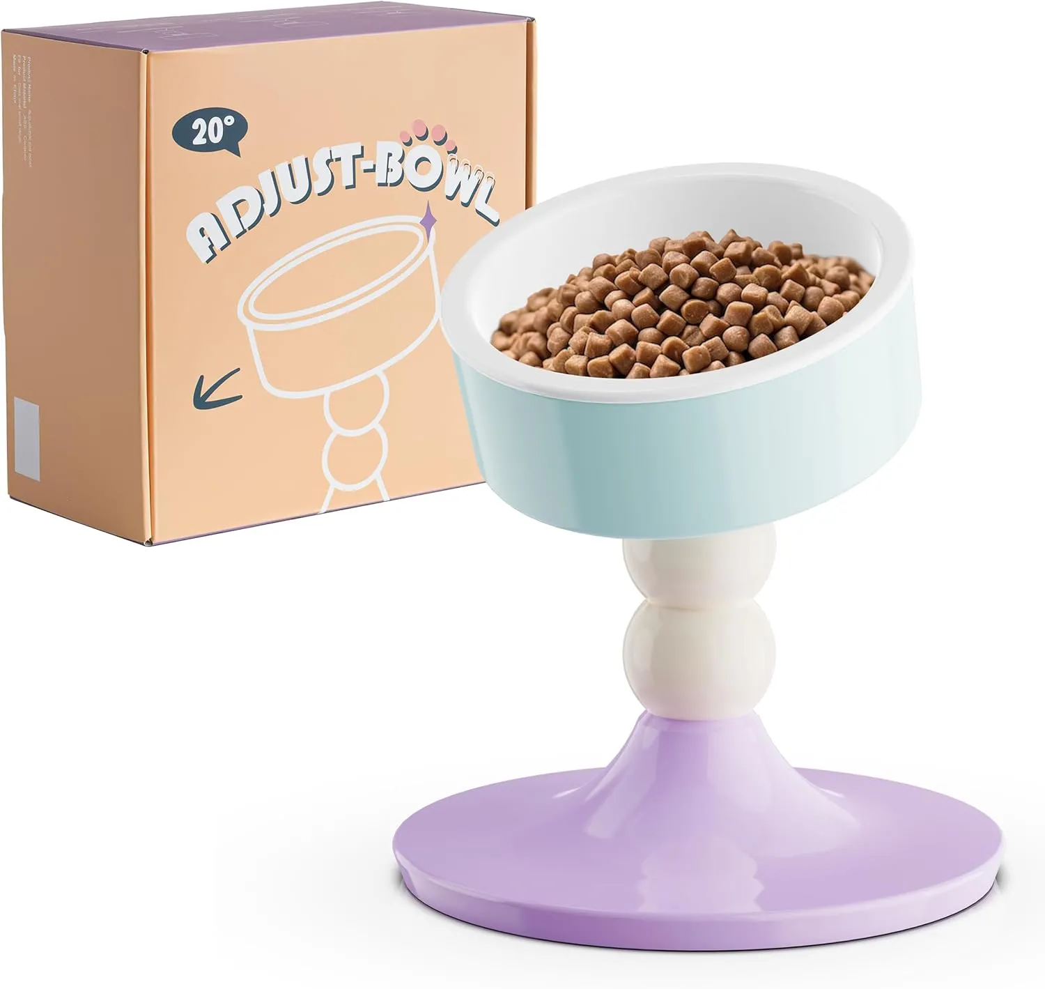 Ceramic Elevated Raised Cat Bowls,3 Heights Adjustable Raised Dog Bowl Stand for Indoor Cats and Small Dogs,15 Tilted Cat Food Feeding DishesAdjusts to 4.69", 5.98", 7.28" (Pink & White)