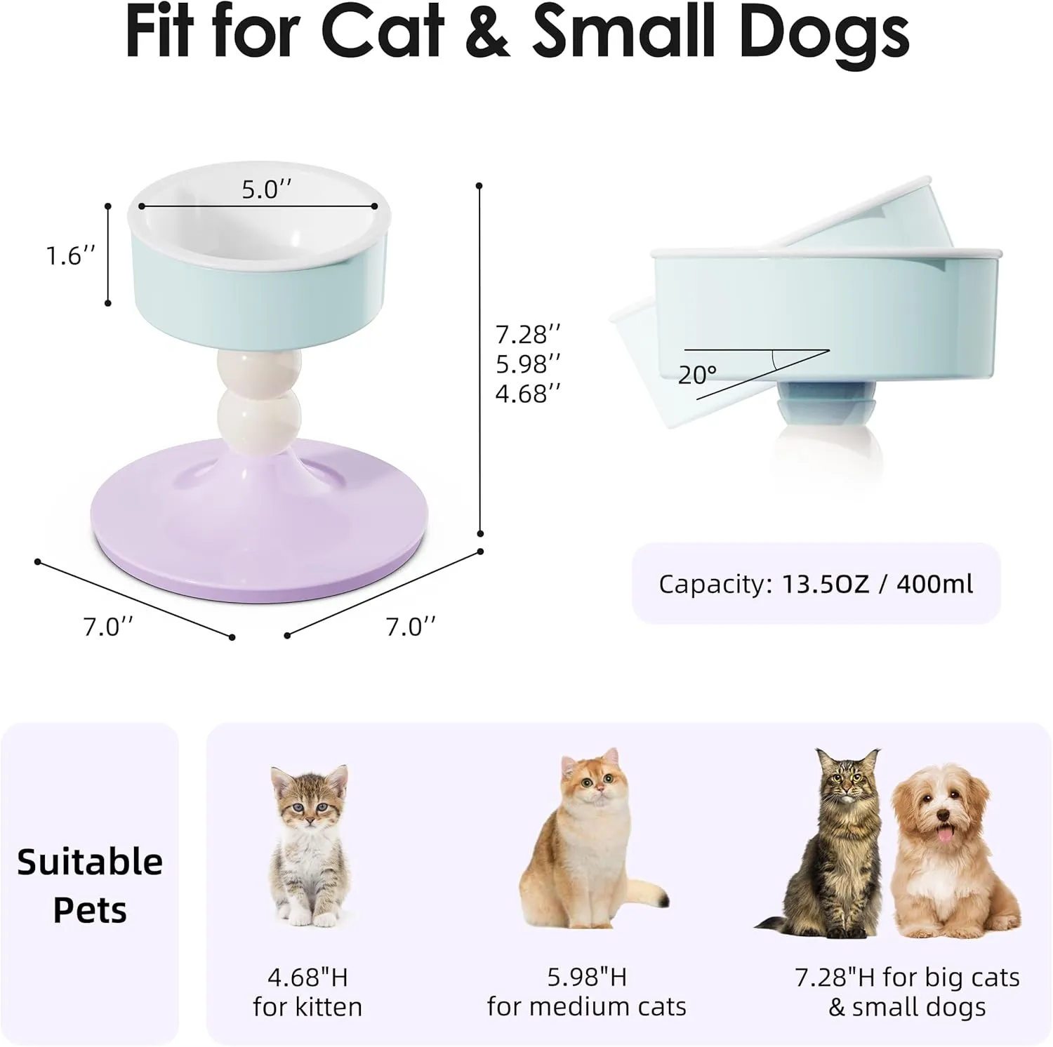 Ceramic Elevated Raised Cat Bowls,3 Heights Adjustable Raised Dog Bowl Stand for Indoor Cats and Small Dogs,15 Tilted Cat Food Feeding DishesAdjusts to 4.69", 5.98", 7.28" (Pink & White)