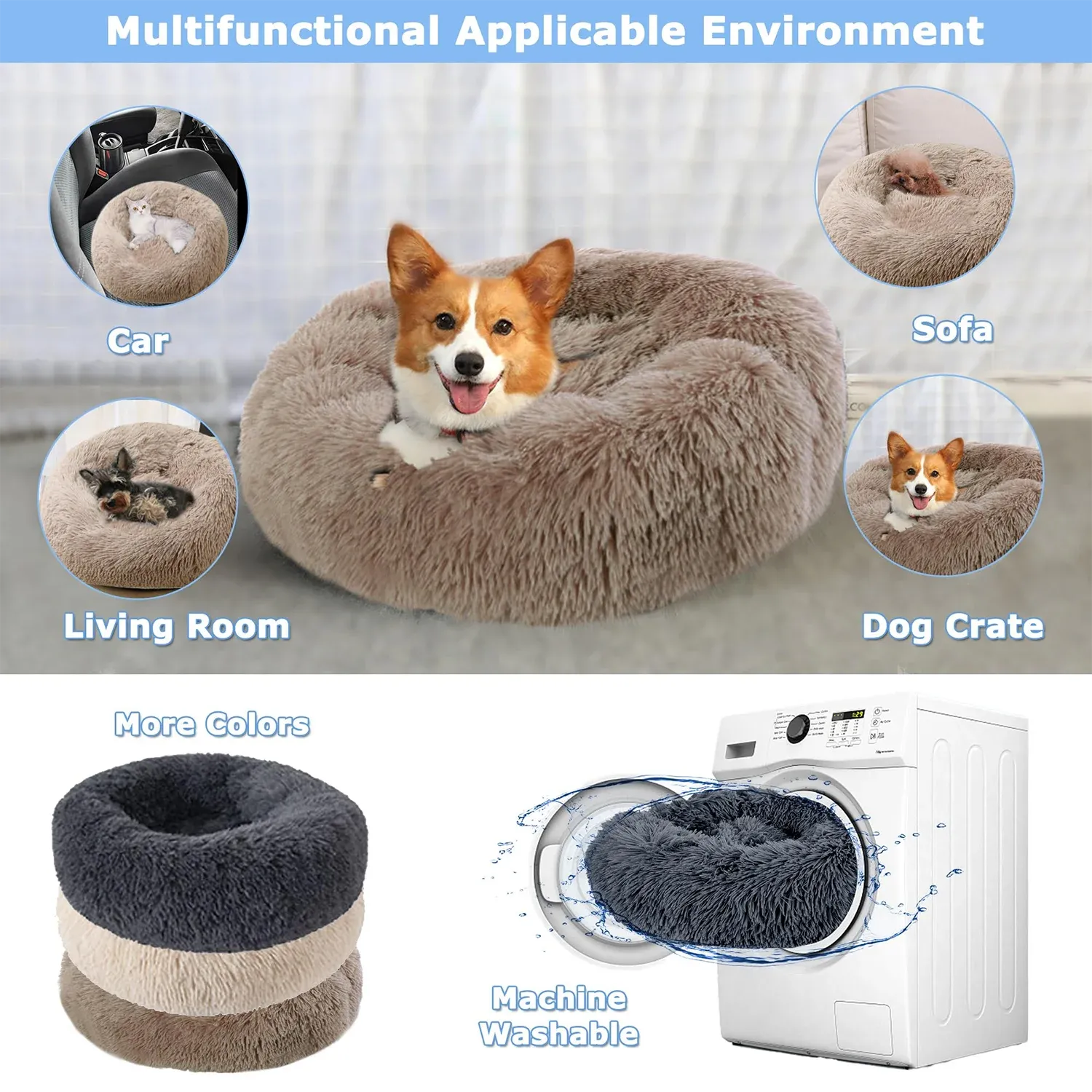 Dog Bed Calming Cat Bed Super Soft Fluffy Washable Anti-Anxiety 40-90cm