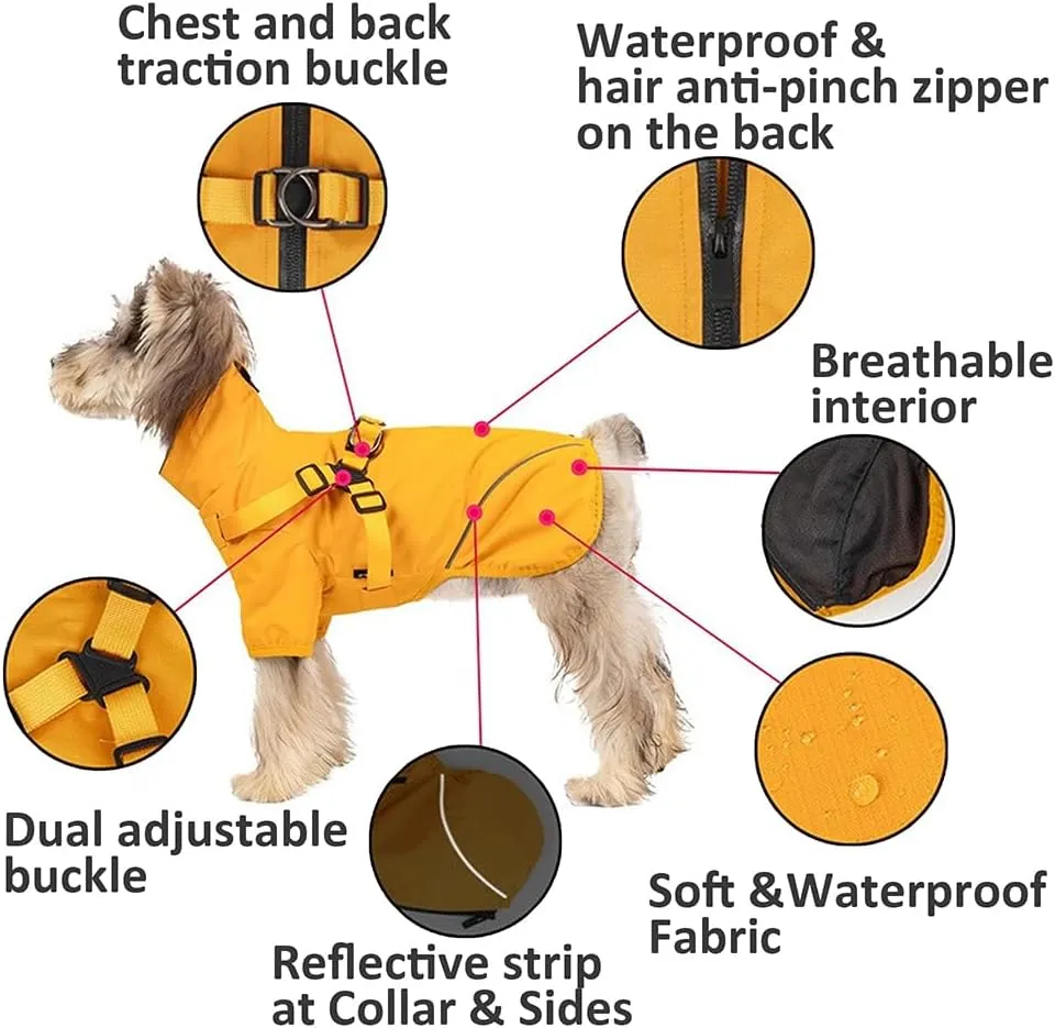 Dog Raincoat for Small Medium Dogs, Dog Rain Coat with Adjustable Harness Built in, Back Zipper for Easy Dressing, Waterproof Puppy Rain Coat with Reflective Strap, Pet rain Jacket (Yellow, X-Large)