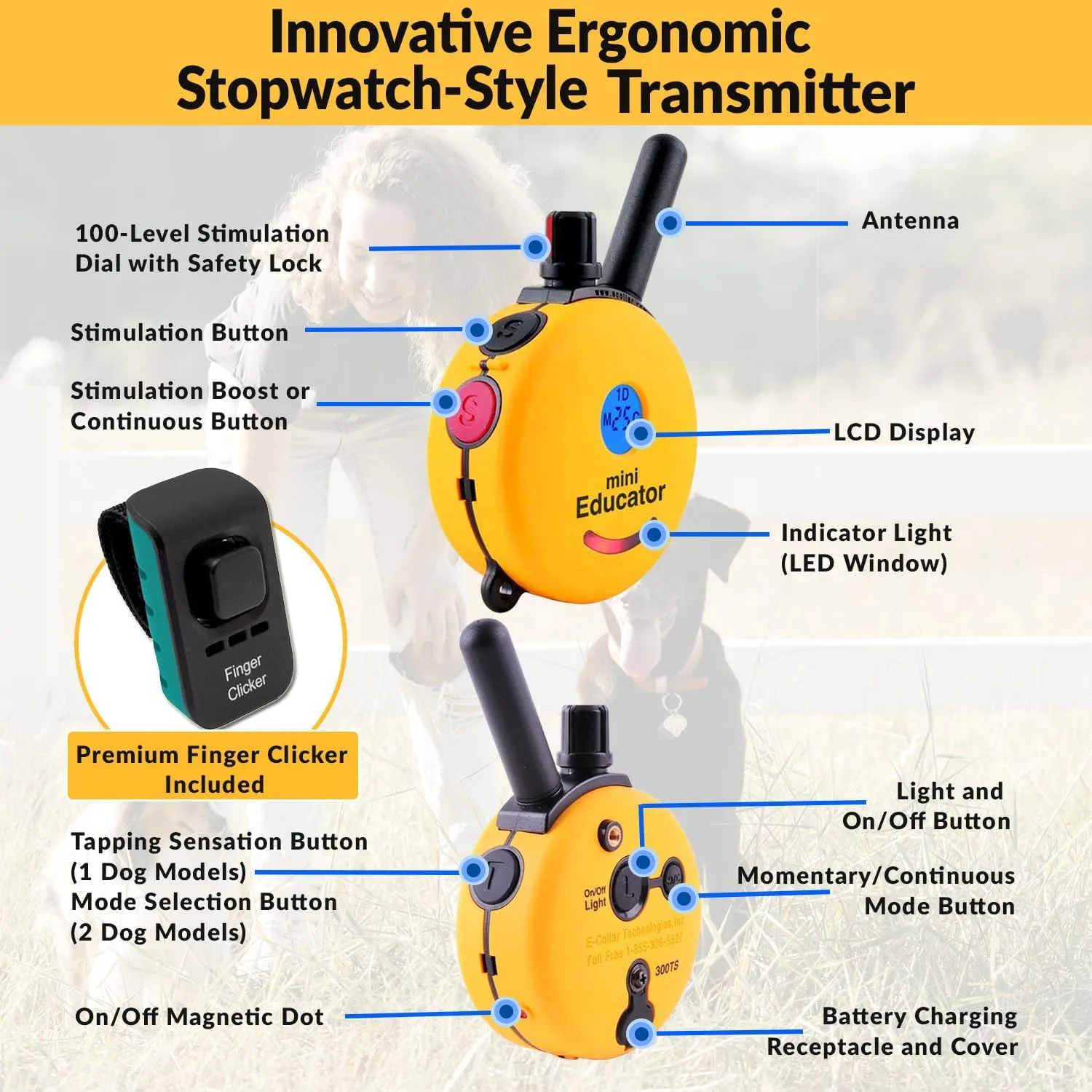 E-Collar  Educator ET-300-1/2 Mile Waterproof Remote Dog Training Collar Includes Premium Finger Clicker Trainer, 100 Programmable Levels   Vibration   Light   Sound