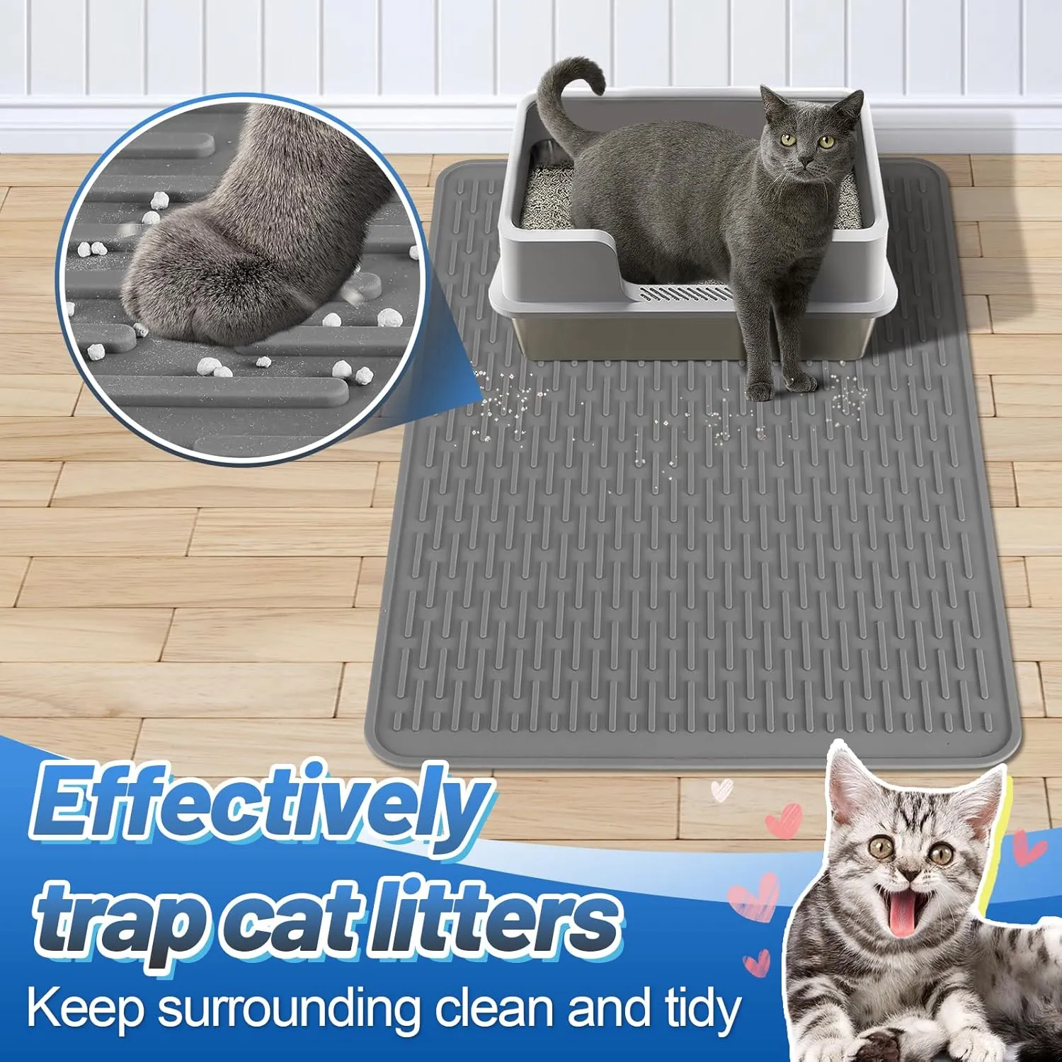 Easy Clean Silicone Cat Mat for Litter Box - 39" x 26.6" Extra Large Waterproof Non-Slip Kitty Litter Trapping Mat for Protecting Floor, Less-Mess Food Water Mat for Indoor, Gray