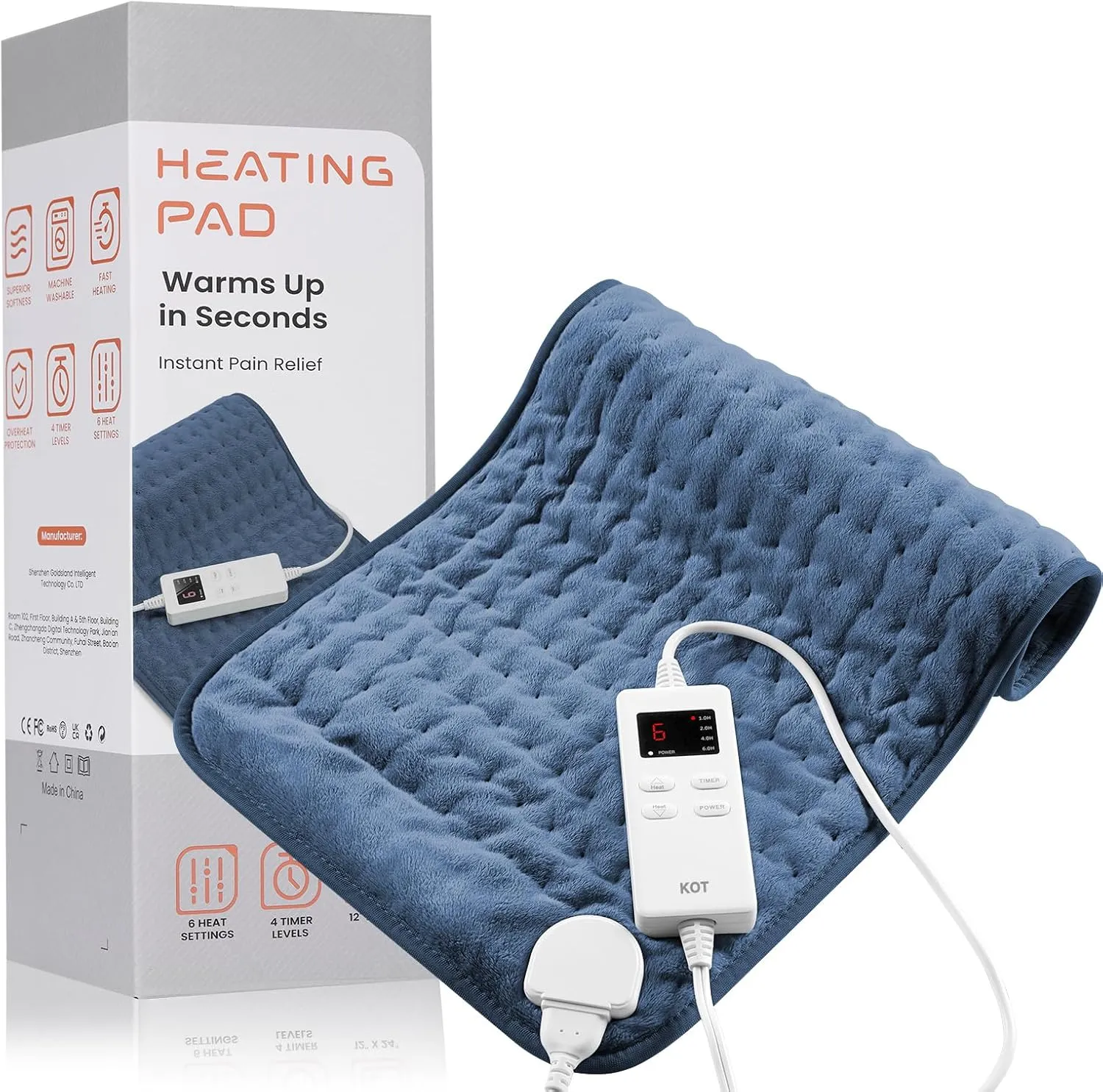 Heating Pad for Back Pain Relief & Cramps, KOT Heating Pads with Auto Shut Off Large, 6 Heat Settings Electric Heated Pad, Blue