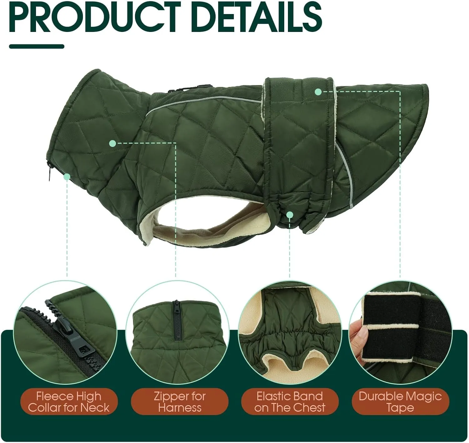 Kuoser Extra Warm Dog Coat, Windproof Cold Weather Jacket for Small Dogs, Fleece Lining Turtleneck Snowsuit With Reflective Adjustable Winter Clothes, Green S
