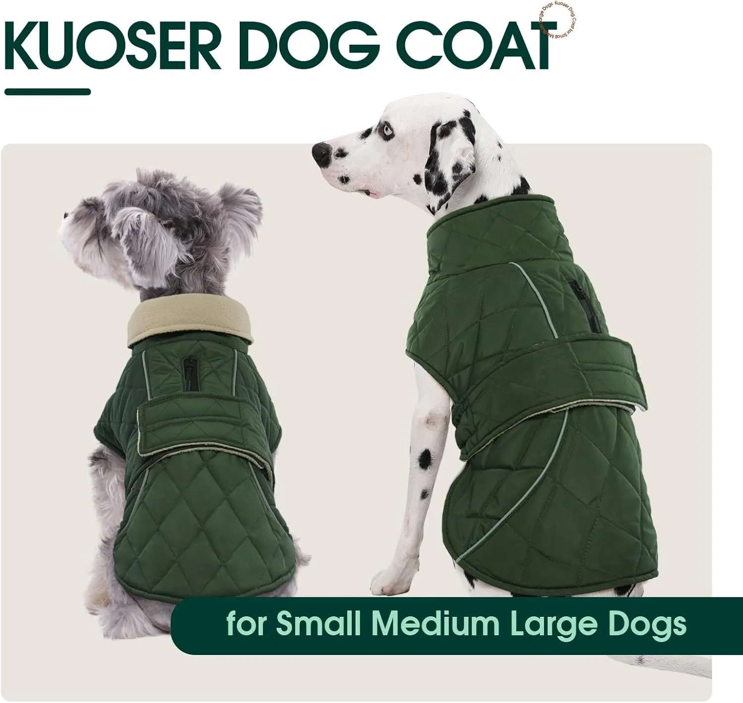 Kuoser Extra Warm Dog Coat, Windproof Cold Weather Jacket for Small Dogs, Fleece Lining Turtleneck Snowsuit With Reflective Adjustable Winter Clothes, Green S