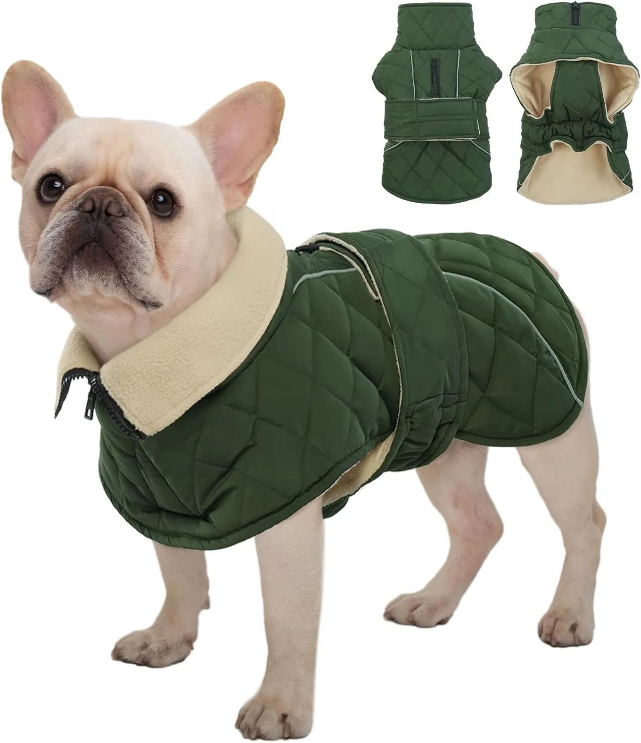 Kuoser Extra Warm Dog Coat, Windproof Cold Weather Jacket for Small Dogs, Fleece Lining Turtleneck Snowsuit With Reflective Adjustable Winter Clothes, Green S