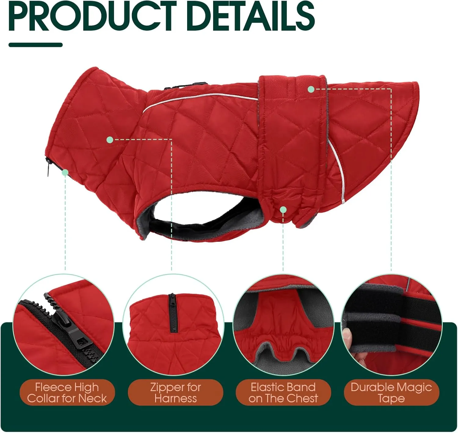 Kuoser Extra Warm Dog Coat, Windproof Cold Weather Jacket for Small Dogs, Fleece Lining Turtleneck Snowsuit With Reflective Adjustable Winter Clothes, Red S