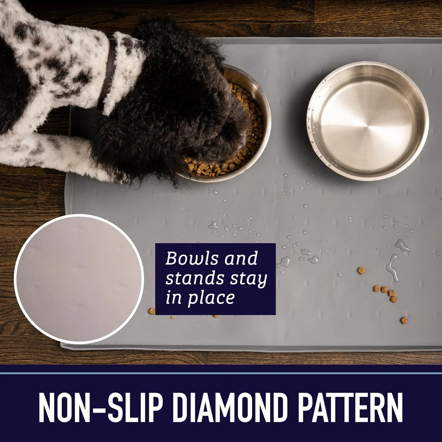 Leash Boss Dog Food Mat for Food and Water Bowls - Waterproof Silicone Pet Feeding Tray for Floors - Tall Raised Edges - Cat and Dog Placemat for Floors - Grey - 20"x13" Medium Size Mat