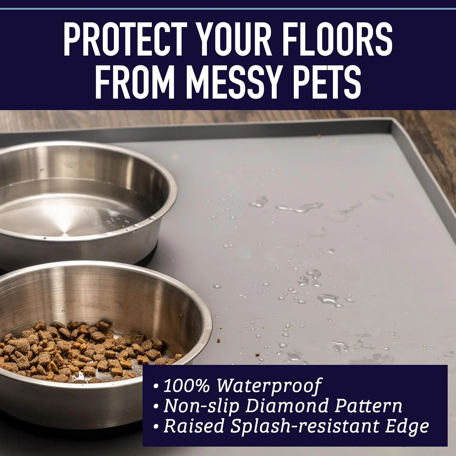 Leash Boss Dog Food Mat for Food and Water Bowls - Waterproof Silicone Pet Feeding Tray for Floors - Tall Raised Edges - Cat and Dog Placemat for Floors - Grey - 20"x13" Medium Size Mat