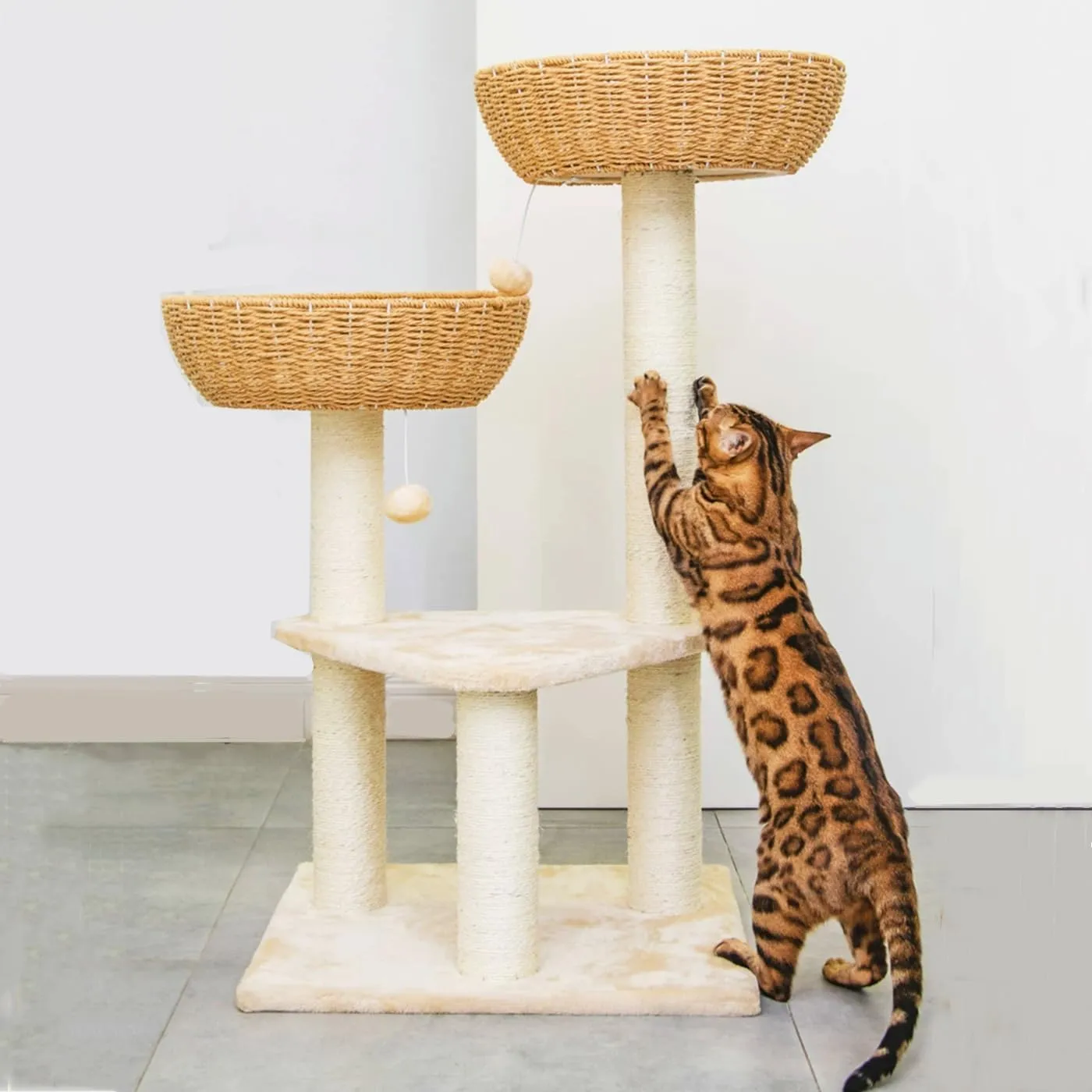SHENGOCASE Cat Tree Tower with Rattan Wicker Basket, 2 Handwoven Large Nest Baskets Bed, Window Perch for Large Cats up to 20LBS