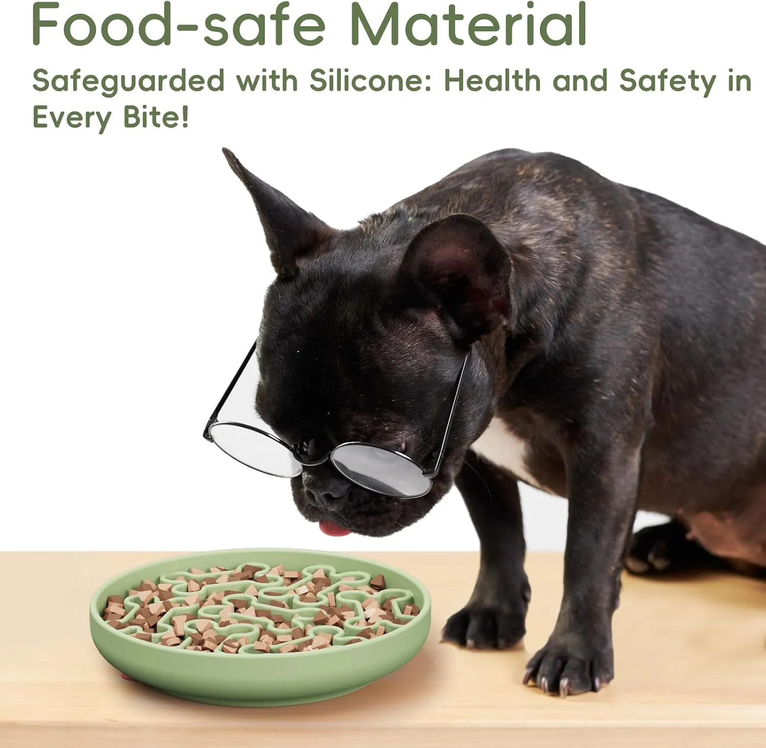 Silicone Slow Feeder Dog Bowl  Green Bone Pattern | Food-Grade Non-Slip Dog Dish for Anti-Bloat, Fast Eating Prevention, 7.4 x 1.5, Dishwasher Safe