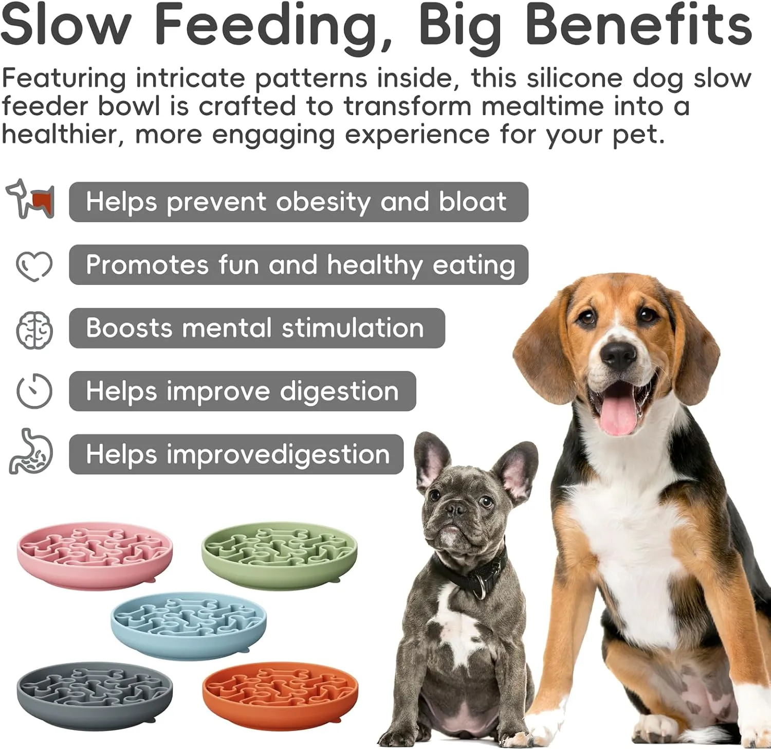 Silicone Slow Feeder Dog Bowl  Green Bone Pattern | Food-Grade Non-Slip Dog Dish for Anti-Bloat, Fast Eating Prevention, 7.4 x 1.5, Dishwasher Safe