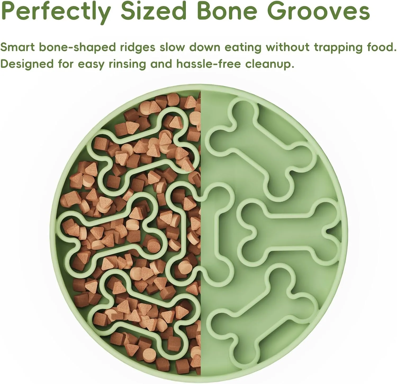 Silicone Slow Feeder Dog Bowl  Green Bone Pattern | Food-Grade Non-Slip Dog Dish for Anti-Bloat, Fast Eating Prevention, 7.4 x 1.5, Dishwasher Safe