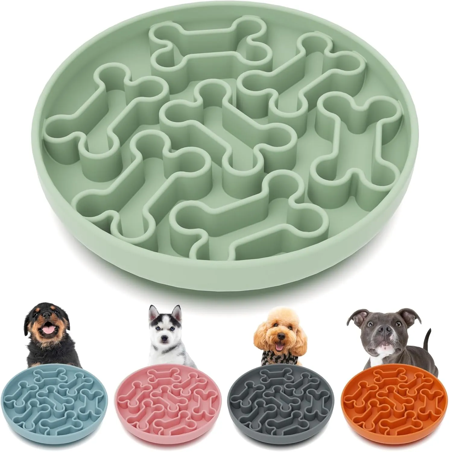 Silicone Slow Feeder Dog Bowl  Green Bone Pattern | Food-Grade Non-Slip Dog Dish for Anti-Bloat, Fast Eating Prevention, 7.4 x 1.5, Dishwasher Safe
