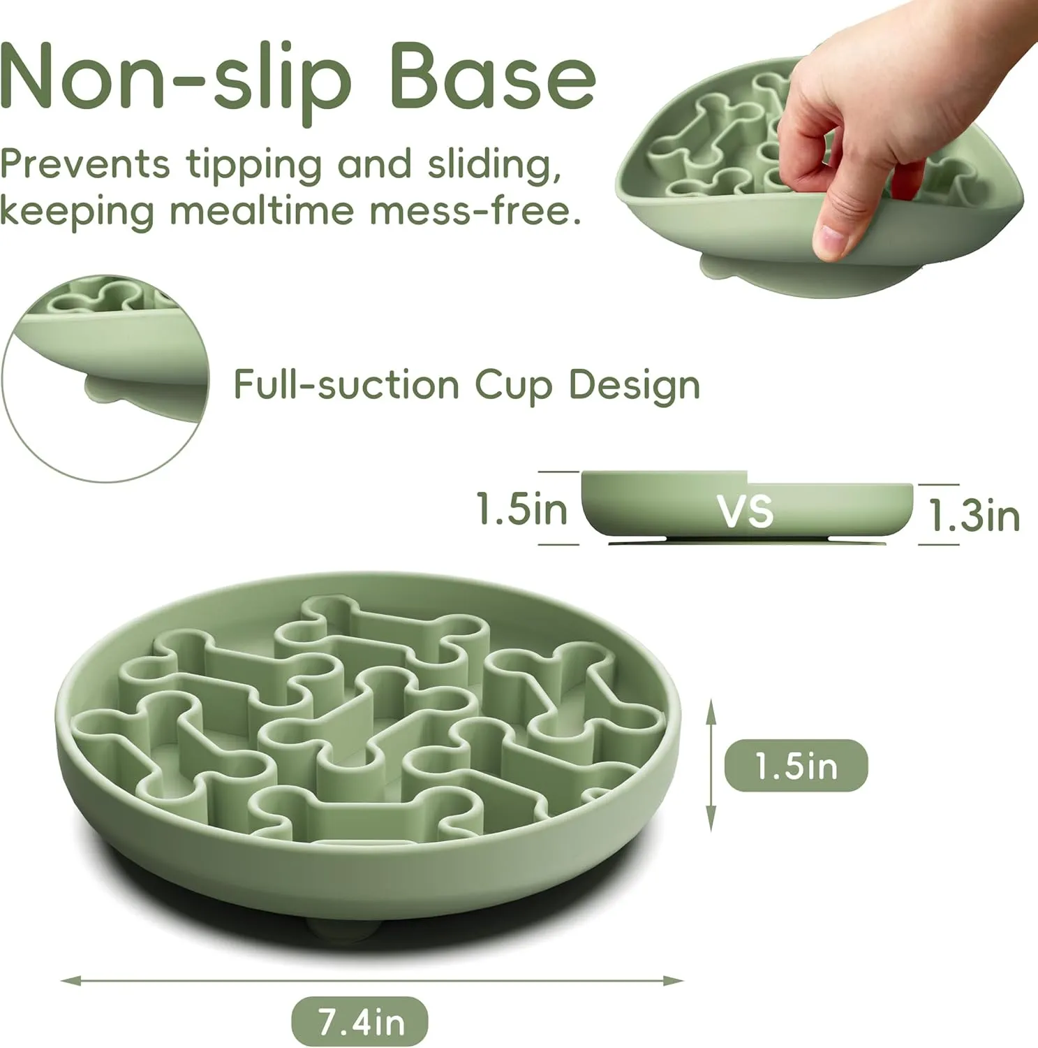 Silicone Slow Feeder Dog Bowl  Green Bone Pattern | Food-Grade Non-Slip Dog Dish for Anti-Bloat, Fast Eating Prevention, 7.4 x 1.5, Dishwasher Safe