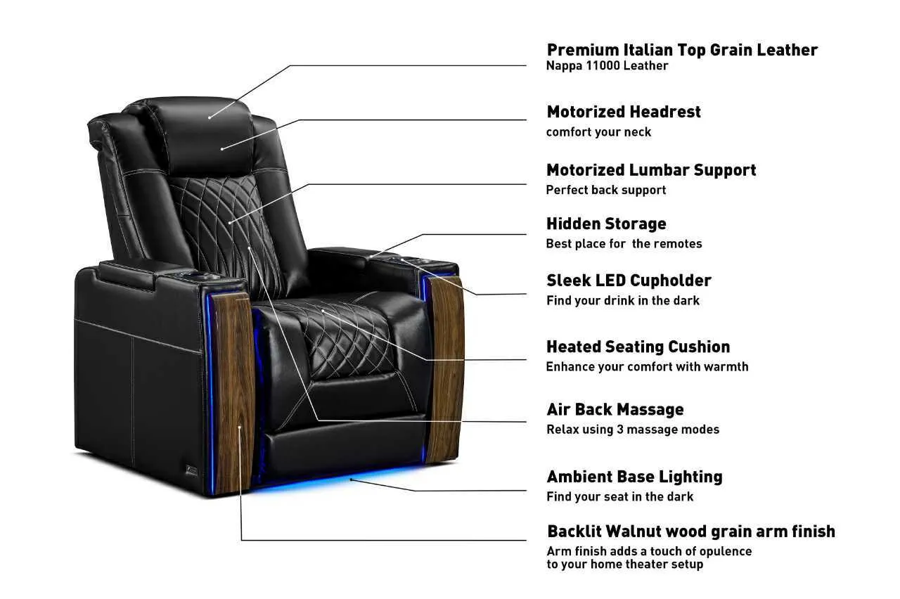 Valencia Tuscany Executive Heat & Massage Leather Home Theater Seating Row of 3 Loveseat Left, Midnight Black