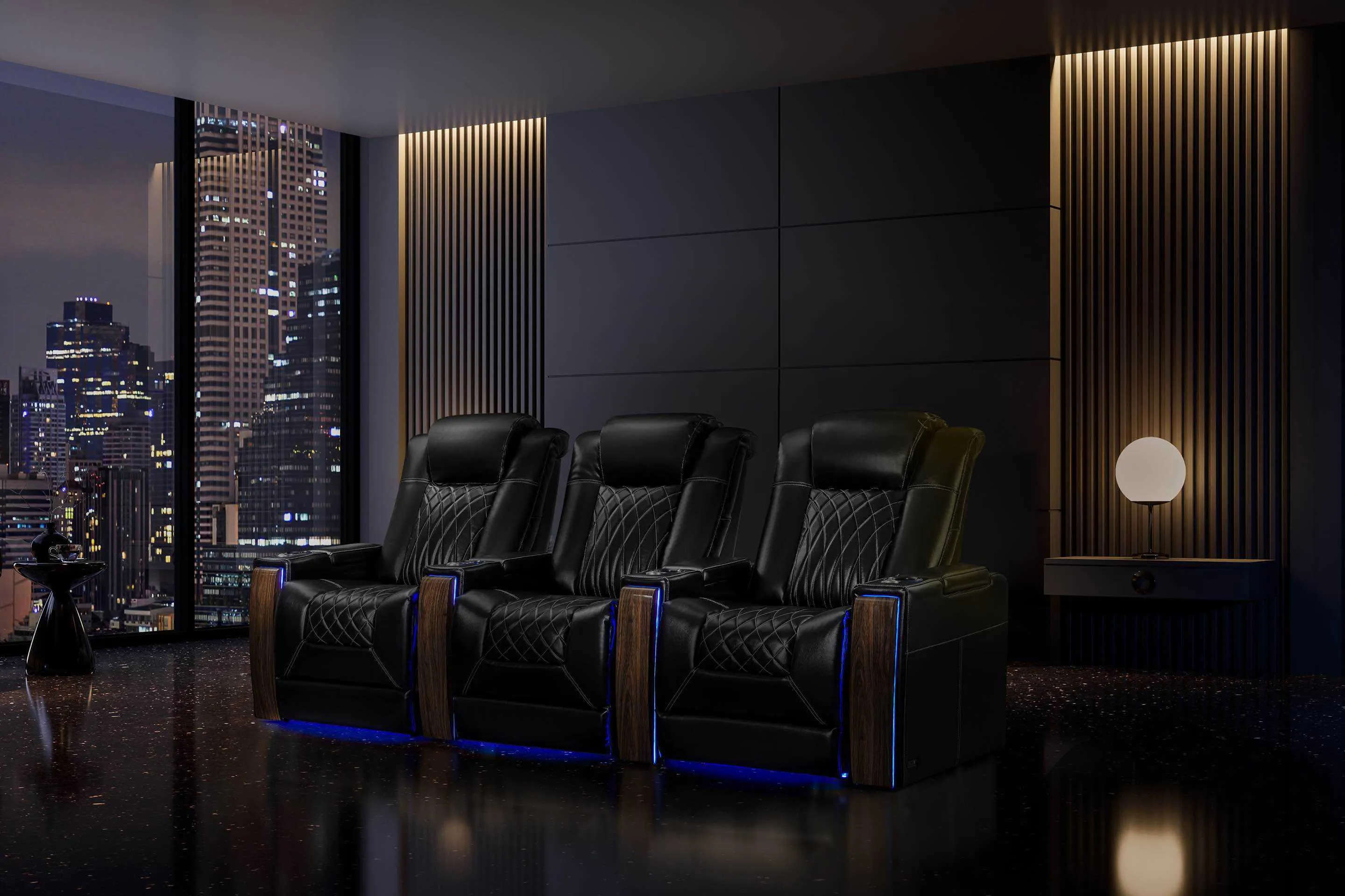 Valencia Tuscany Executive Heat & Massage Leather Home Theater Seating Row of 4 Loveseat Center, Midnight Black