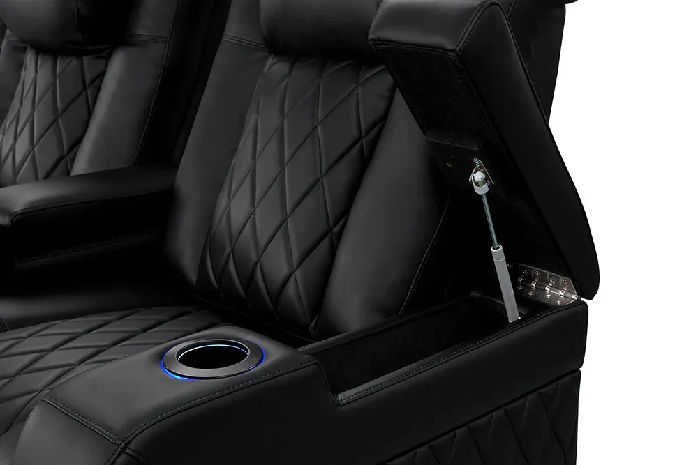 Valencia Tuscany Heat & Massage Leather Home Theater Seating Row of 2 Loveseat, Midnight Black