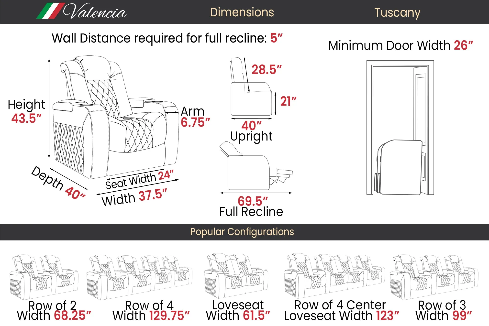 Valencia Tuscany Heat & Massage Leather Home Theater Seating Row of 2, Midnight Black