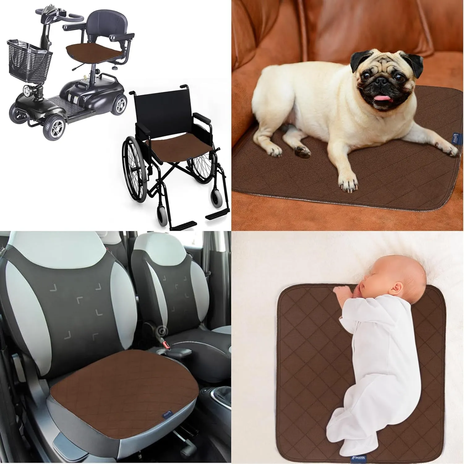Waterproof Chair Pads for Incontinence 22" x 21", 2 Pack Non Slip Absorbent Wheelchair Reusable Seat Protector, Washable Seat Covers for Chairs, Brown